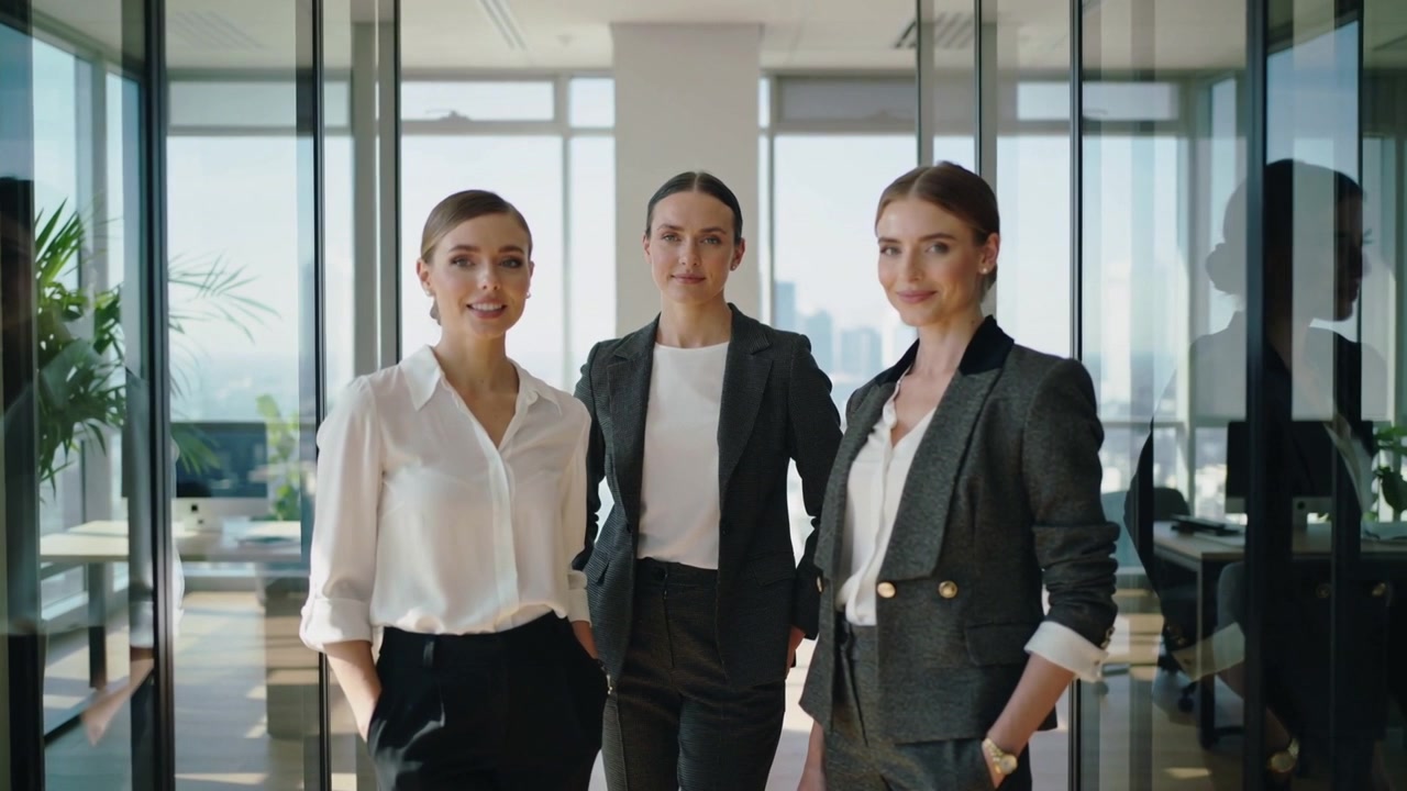 Primer plano, cámara capturando a tres mujeres en traje posando con confianza en un pasillo de cristal, mostrando un reloj.