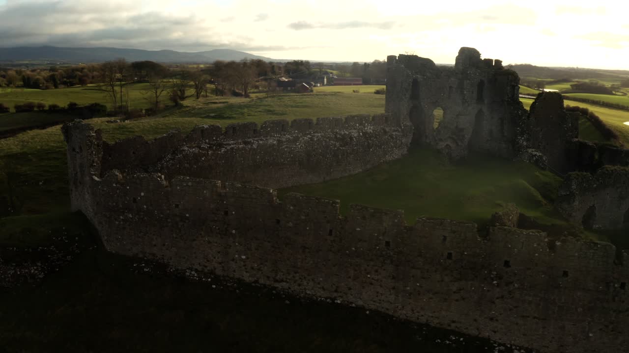 Aerial View of Castle Ruins in the Irish Countryside