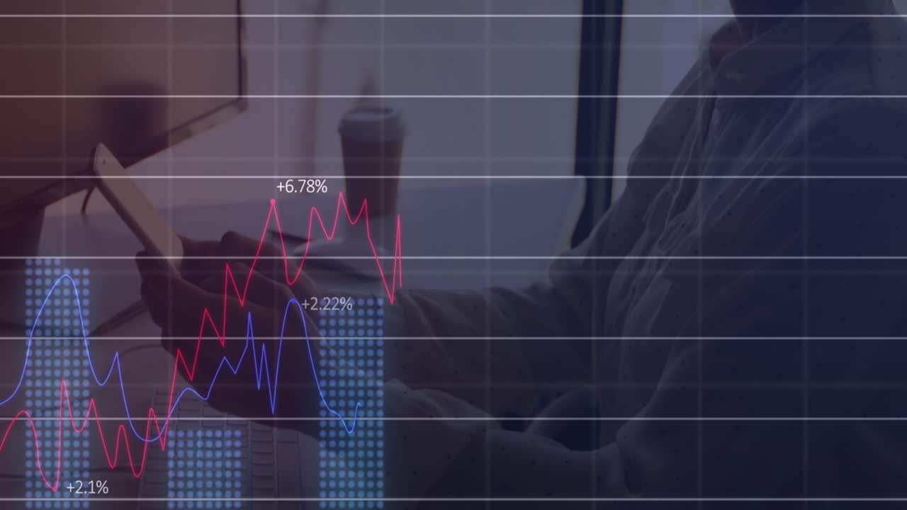animación del procesamiento de datos financieros sobre una mujer de negocios caucásica que usa un teléfono inteligente