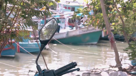 motorbike-mirror-reflects-palm-tree-against-blurred-bay