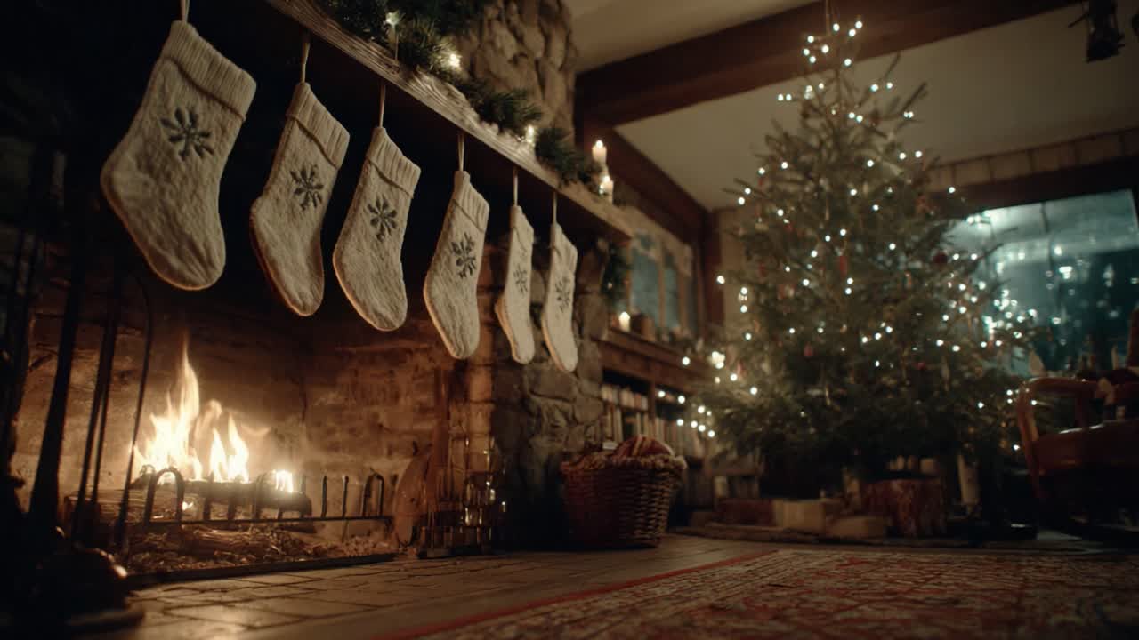 Cozy Christmas Atmosphere with Stockings and a Beautifully Decorated Tree by the Fireplace, Capturing Holiday Warmth and Cheer in a Home Setting