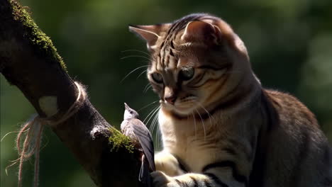 bengal cat interacting with a bird on a mossy branch