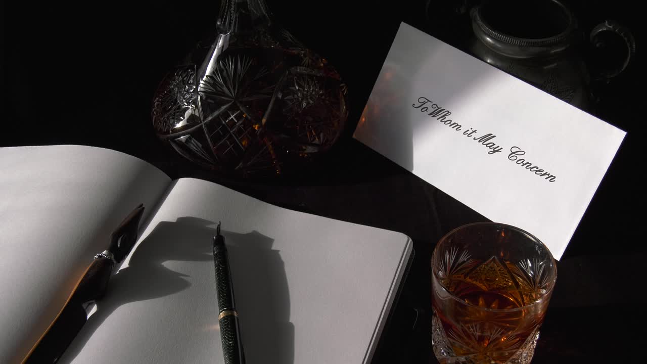 관계가 있는 사람의 주소가 적힌 봉투가 위스키 디켄터 옆의 책상 위에 놓입니다. 축소