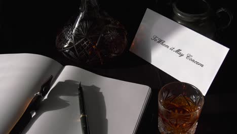 an envelope addressed to whom it may concern is put on a desk beside a whisky decanter -zoom out