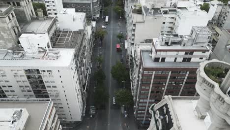 aerial-top-down-Montevideo-downtown-avenida-18-Julio-and-Palacio-Salvo-traffic-cars-skyscrapers-buildings