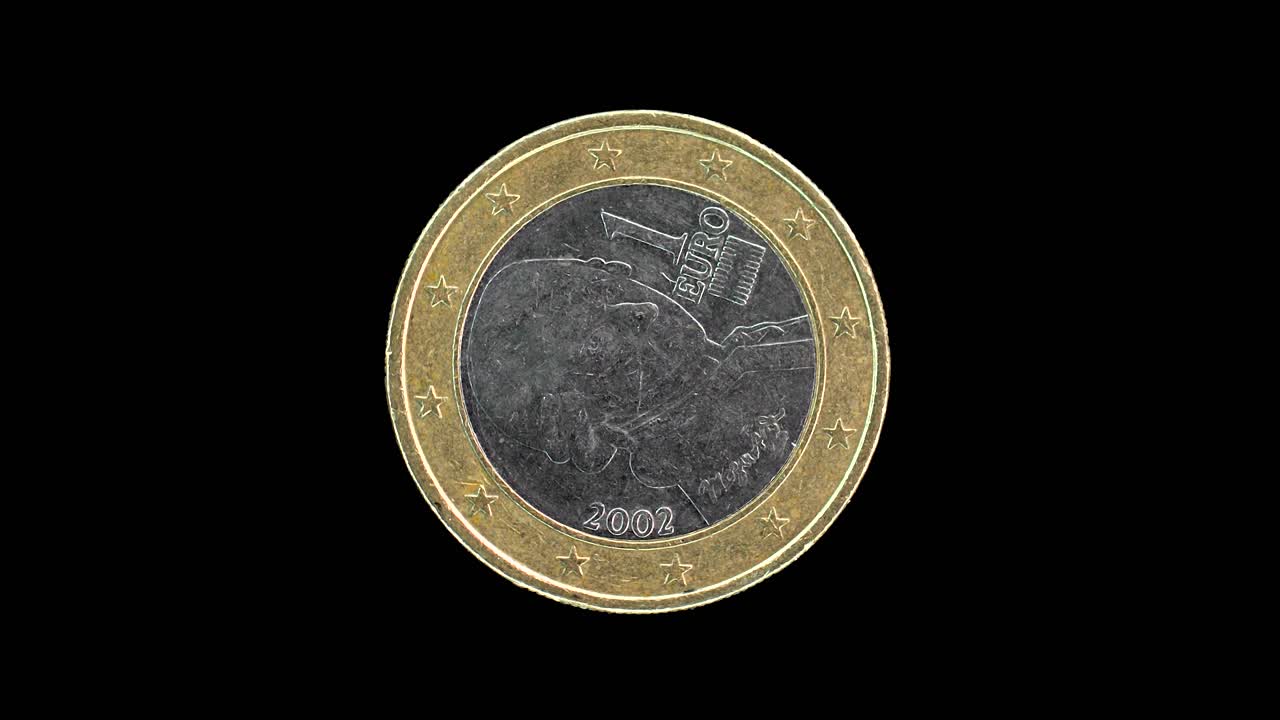 Austria 2002 1 euro obverse with Wolfgang Amadeus Mozart portrait rotating on black background