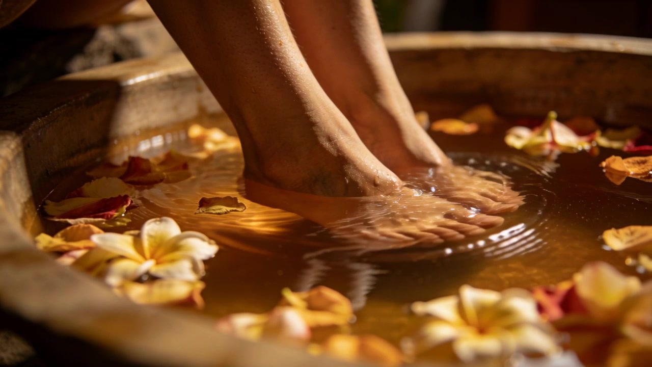 Con i piedi sospesi, una donna abbassa i piedi in una vasca spa, con petali che si increspano per il sollievo.