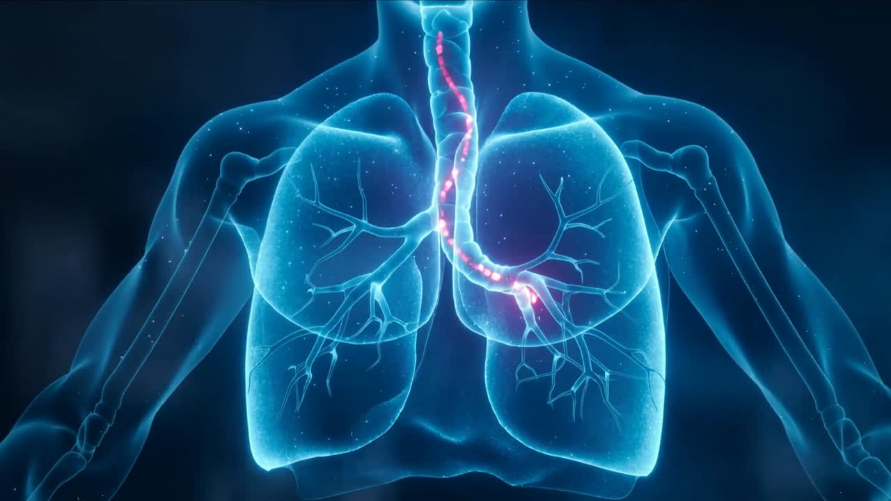 Avvio della simulazione, busto trasparente che mostra un tracciante rosa che si muove lungo la trachea fino al polmone destro in un laboratorio medico.