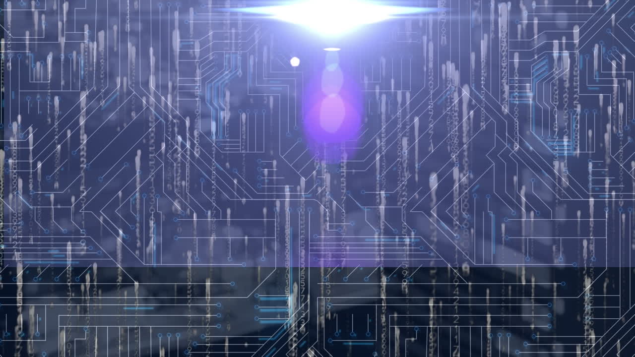 빛나는 컴퓨터 회로판 위의 데이터 처리 애니메이션