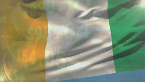 animation of financial data processing over flag of ivory coast