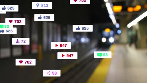 animation of social media icons and numbers over out of focus train in station