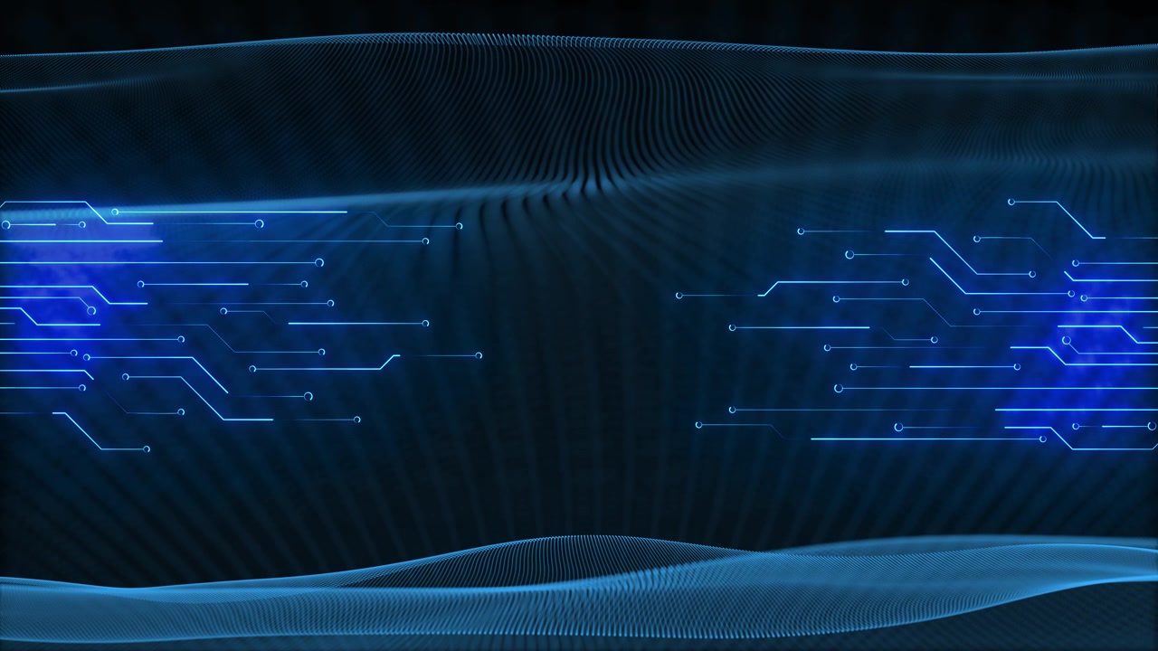 Digital circuit mesh frame visual with blue glowing paths flowing wave texture and open center area