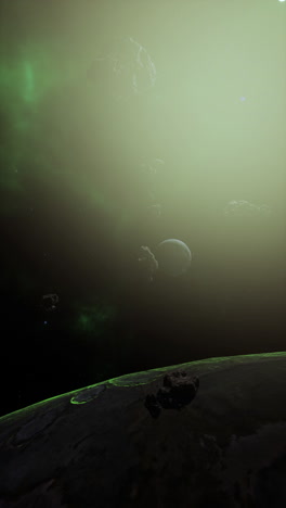 a green nebula in space with a planet in the foreground