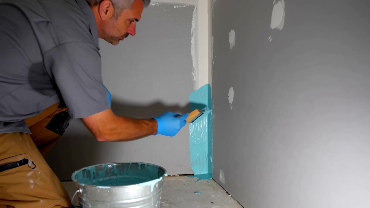 Wearing blue work gloves, man kneels beside unfinished gray wall panels and repeatedly brushes bright turquoise liquid upward along a vertical corner under strong indoor light.
