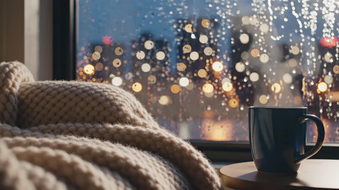 Cozy rainy night with coffee by the window
