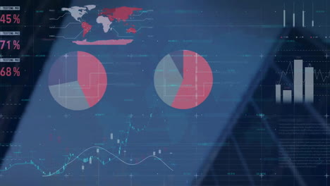 Animation of statistics and data processing over grid on dark background