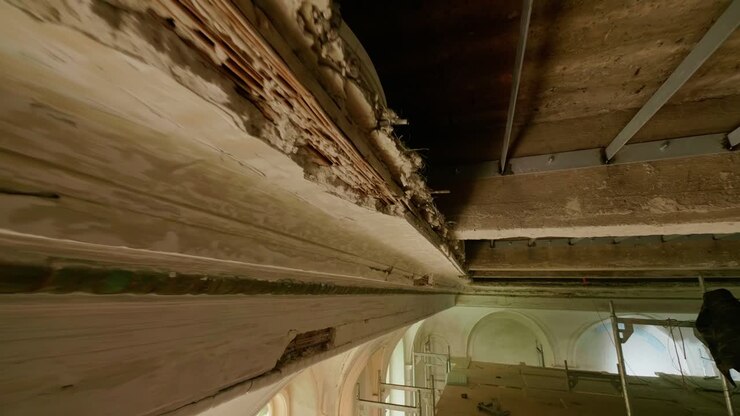 Close-up, shot focusing on crumbling plaster and exposed rebar on a damaged balcony edge, part of an interior demolition or renovation project. Arches are visible below