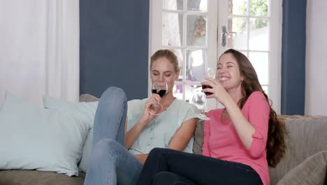 smiling friend toasting with red wine