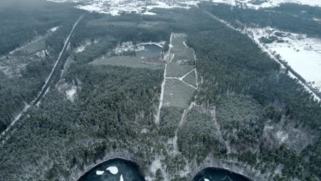 backwards drone dolley shot of nice scene of a heart-shaped lake surrounded by forest in winter time