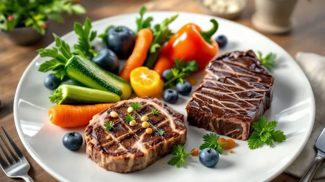 Grilled steak pieces are beautifully arranged on a white plate alongside vibrant vegetables and blueberries, highlighting a nutritious and appetizing meal, perfect for culinary presentations