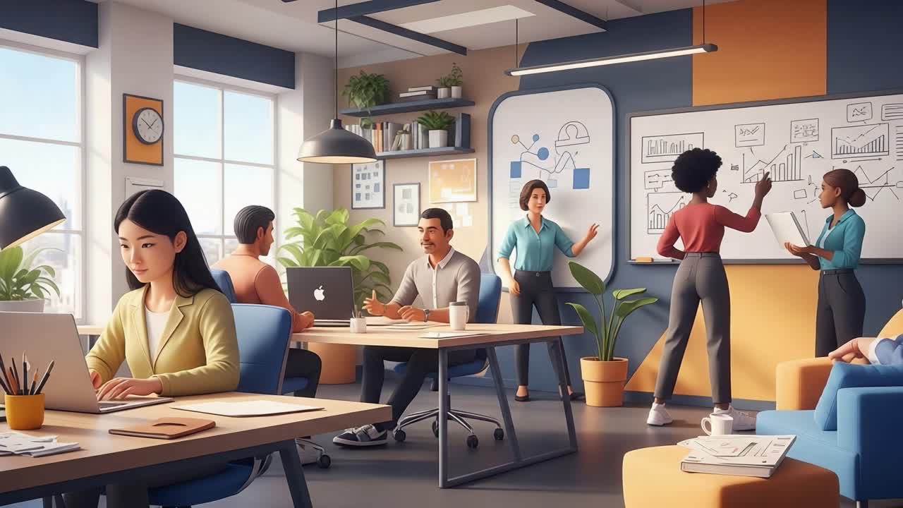 A Collaborative Office Space Showcasing Teamwork and Productivity: Individuals Engaged in Discussions and Presenting Ideas in a Modern Workspace Environment