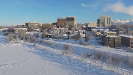 aerial panning view of winter time in anchorage in alaska on a sunny day