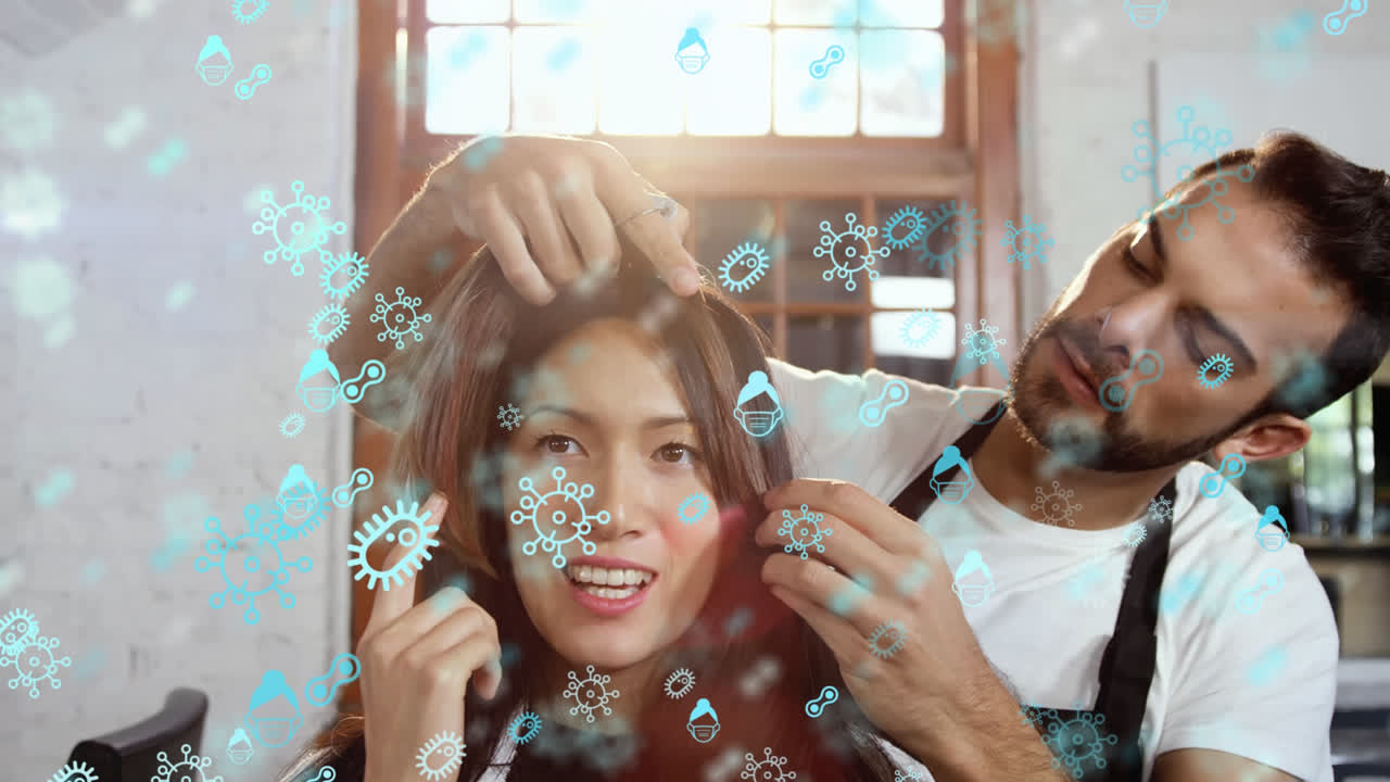 코로나19 콘셉트 아이콘과 이발사, 헤어스타일링 여성