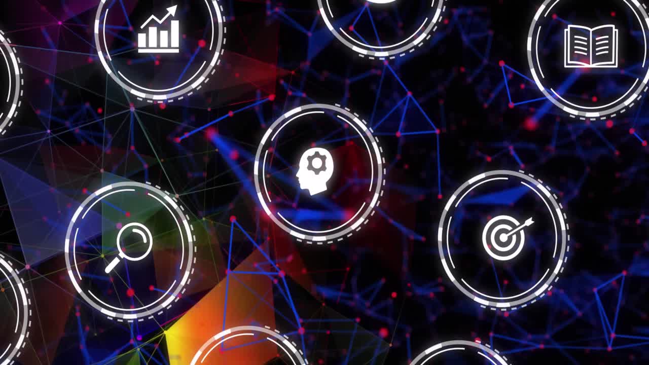 animación de iconos educativos que caen sobre una red de conexiones sobre un fondo oscuro