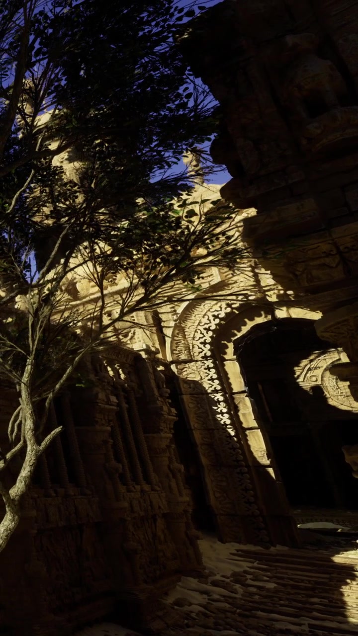 Luce solare che filtra attraverso antiche rovine in un ambiente esterno al tramonto.
