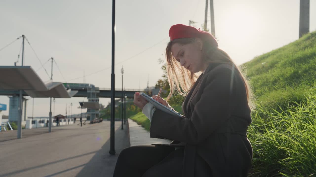 Hvid kvinde skriver dagbog ved solnedgang ved vandet, rød baret oplyst bagfra af den gyldne sol, bymole og kraner bag en græsbevokset dæmning, introspektiv stemning med blød lens flare og fredfyldt aftenlys.