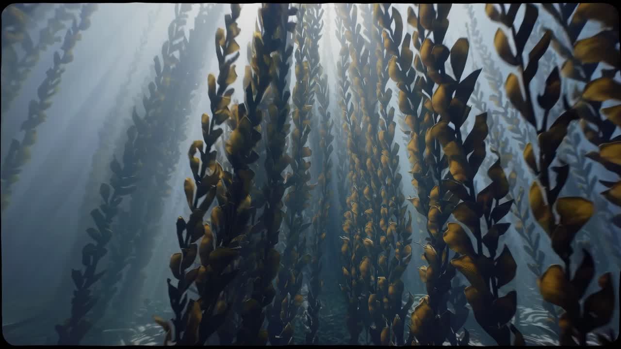 Underwater video captures a low-angle view of sunlit kelp forest, creating a serene, immersive