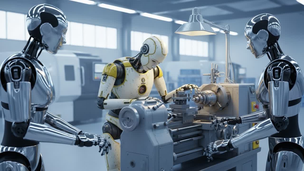 A Detailed Look at Advanced Robotics in Manufacturing: Three Humanoid Robots Collaborating at a CNC Lathe Workstation in a Modern Factory Environment