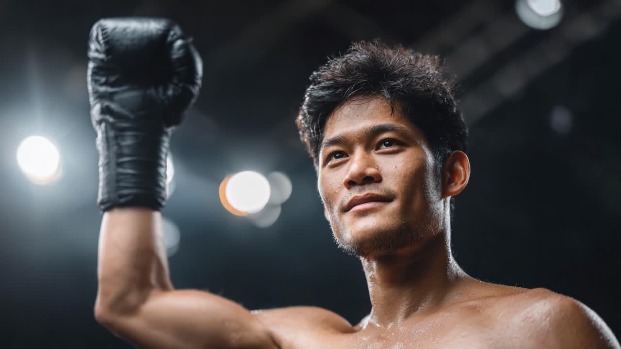 Victorious Boxer's Final Pose: Celebrating Triumph After a Hard-Fought Match with an Uplifted Fist, Showcasing Determination and Strength in the Ring