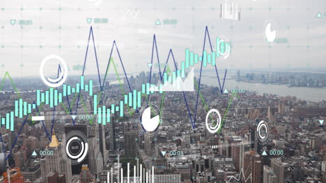 Animation-Von-Diagrammen-Und-Grafiken-Zur-Datenverarbeitung-über-Die-Stadtlandschaft