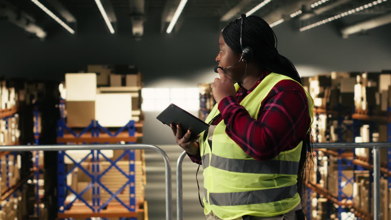 African American Woman Warehouse Worker Communicating with Headset and Tablet