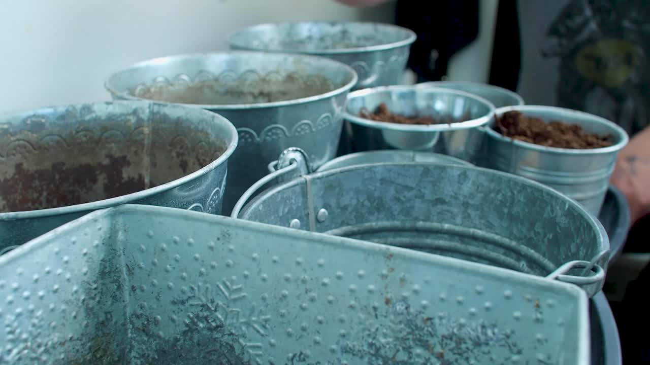 ⁇ 비는 토양으로 채워지고 있습니다. 식물에 튼튼한 기초를 만들기 위해 토양이 첨가되고 있기 때문입니다.