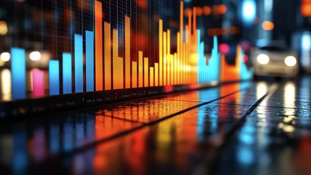 City nights and digital beats. Vibrant sound waves on a rainy city street at night, illuminated by glowing lights and towering buildings.