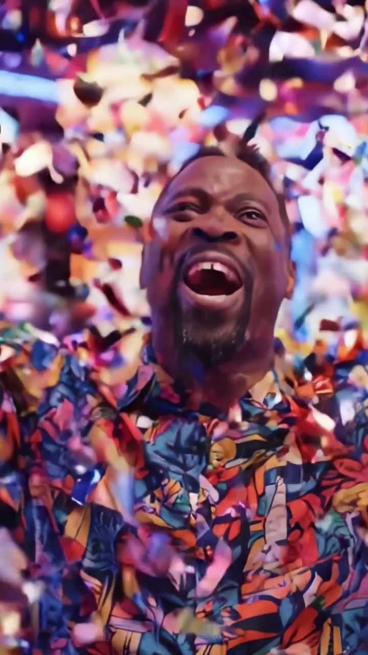 A Celebration of Joy and Surprise: A Man's Excitement in a Colorful Casino Environment Amidst Bright Lights and Festive Confetti