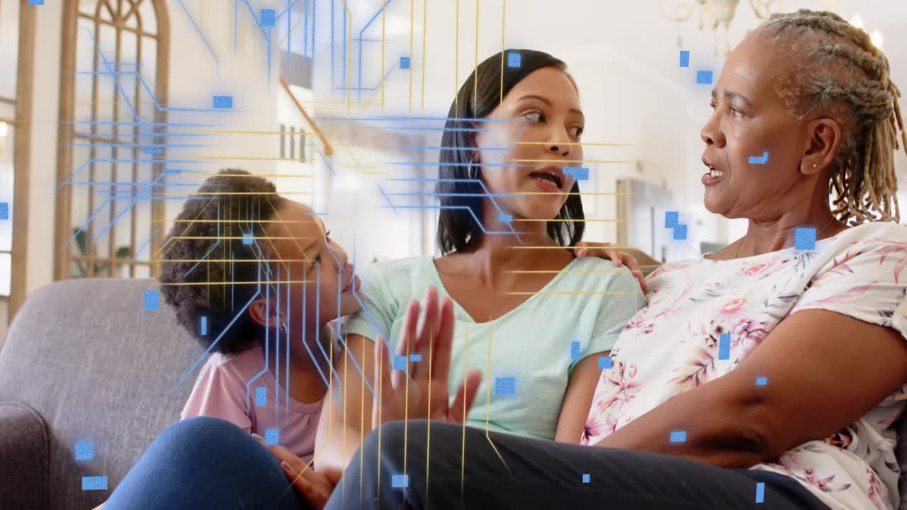 Mid adult woman speaking, initiating blue-yellow circuit overlay, explaining technology for family