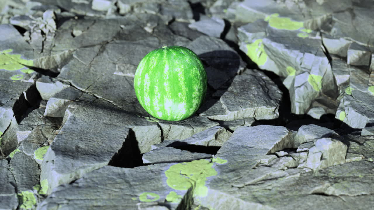 Bright green watermelon resting on cracked rocky surface at night