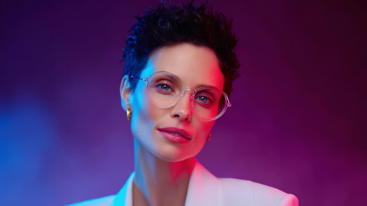 A Modern Portrait Highlighting Sophistication and Style: A Woman with Short Dark Hair, Clear Glasses, and Elegant Accessories Against a Vibrant Backdrop
