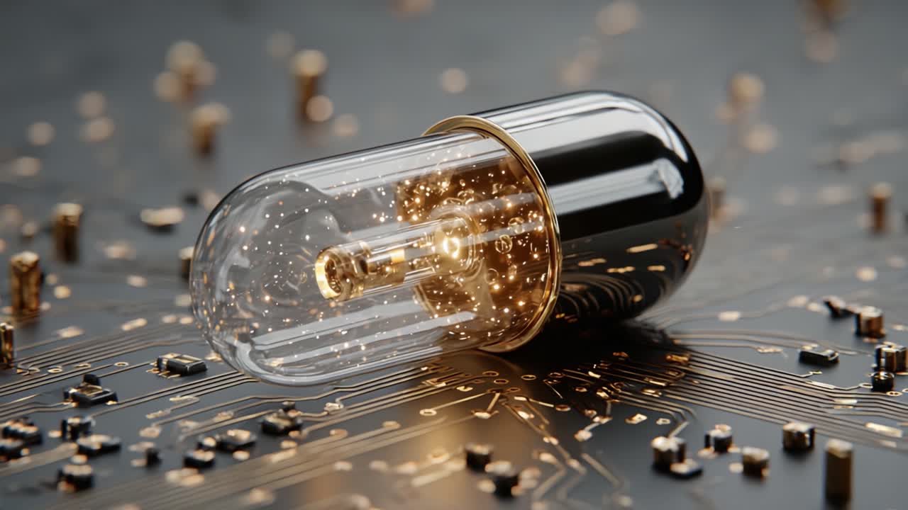 Une capsule éthérée avec un intérieur illuminé, entourée de motifs de circuits, mettant en évidence une fusion de technologie et d'innovation dans un affichage visuel captivant