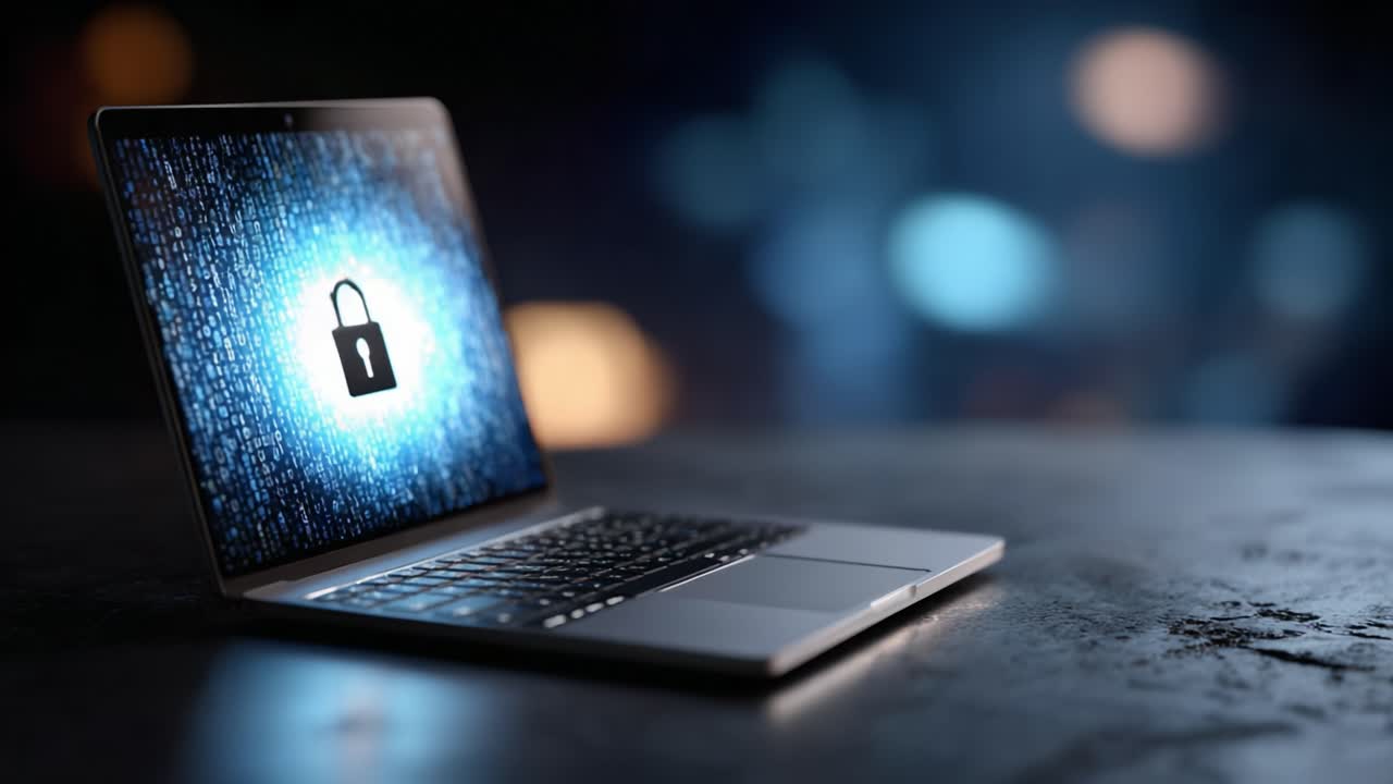 A Modern Laptop Displaying a Lock Icon on a Digitally Animated Background Symbolizing Cybersecurity and Data Protection in the Digital Age