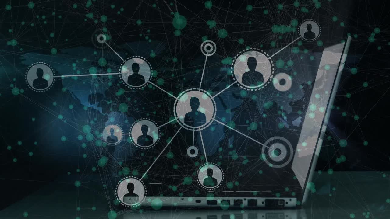 Animation of network of connections with icons and laptop over world map background
