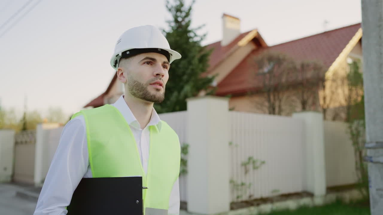 Man in hard hat and safety vest holding a clipboard outdoors