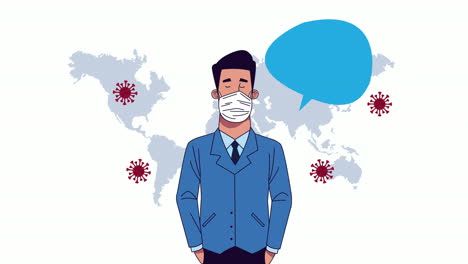 코로나19 보호를 위해 의료 마스크를 착용한 젊은이와 지구 행성