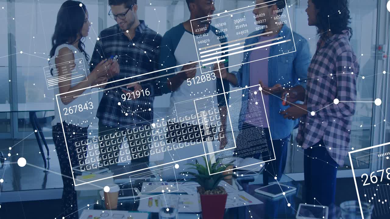 Business team tapping phones and pointing at docs at meeting table, viewing rotating AR data panels