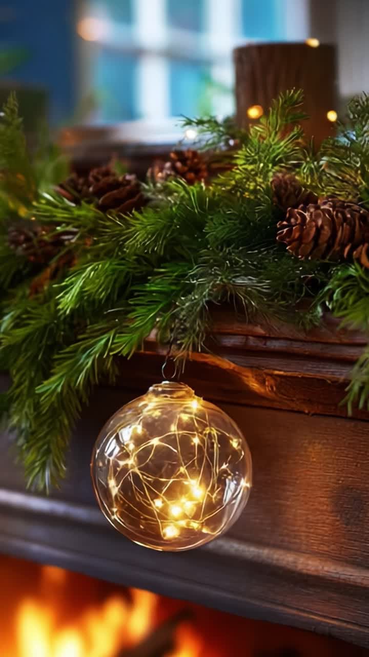 A Cozy Christmas Scene Featuring a Beautifully Decorated Fireplace Mantel Adorned with Greenery, Pine Cones, and a Festive Glass Ornament Twinkling with Warm Indoor Lighting