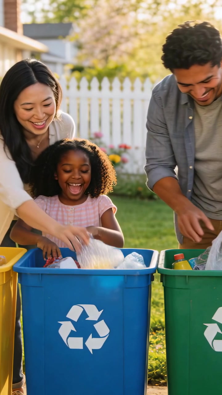 Vertical video: Guiding adults teaching child in pink placing plastic in blue bin in yard