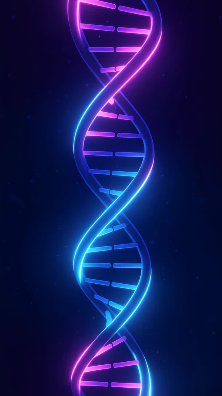 A vibrant, glowing DNA helix in neon blue and pink hues, captured from a straight-on angle